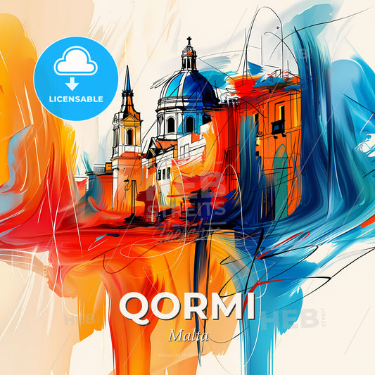 Vibrant  Qormi, Malta - A Painting Of A Building With A Dome And A Blue Sky - Square format print template