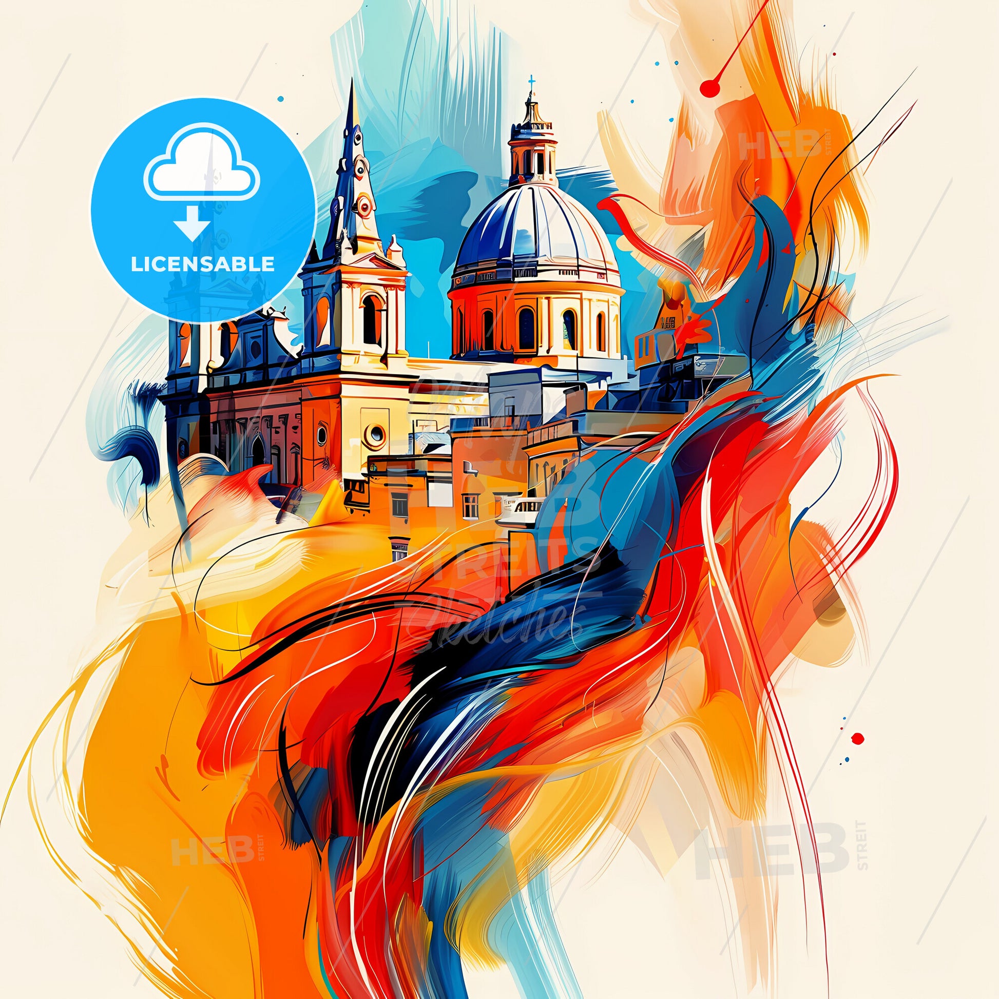 Vibrant  Qormi, Malta - A Painting Of A Building With A Colorful Background