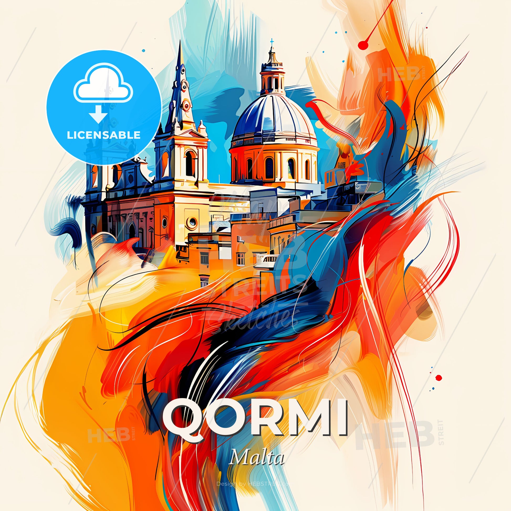 Vibrant  Qormi, Malta - A Painting Of A Building With A Colorful Background - Square format print template