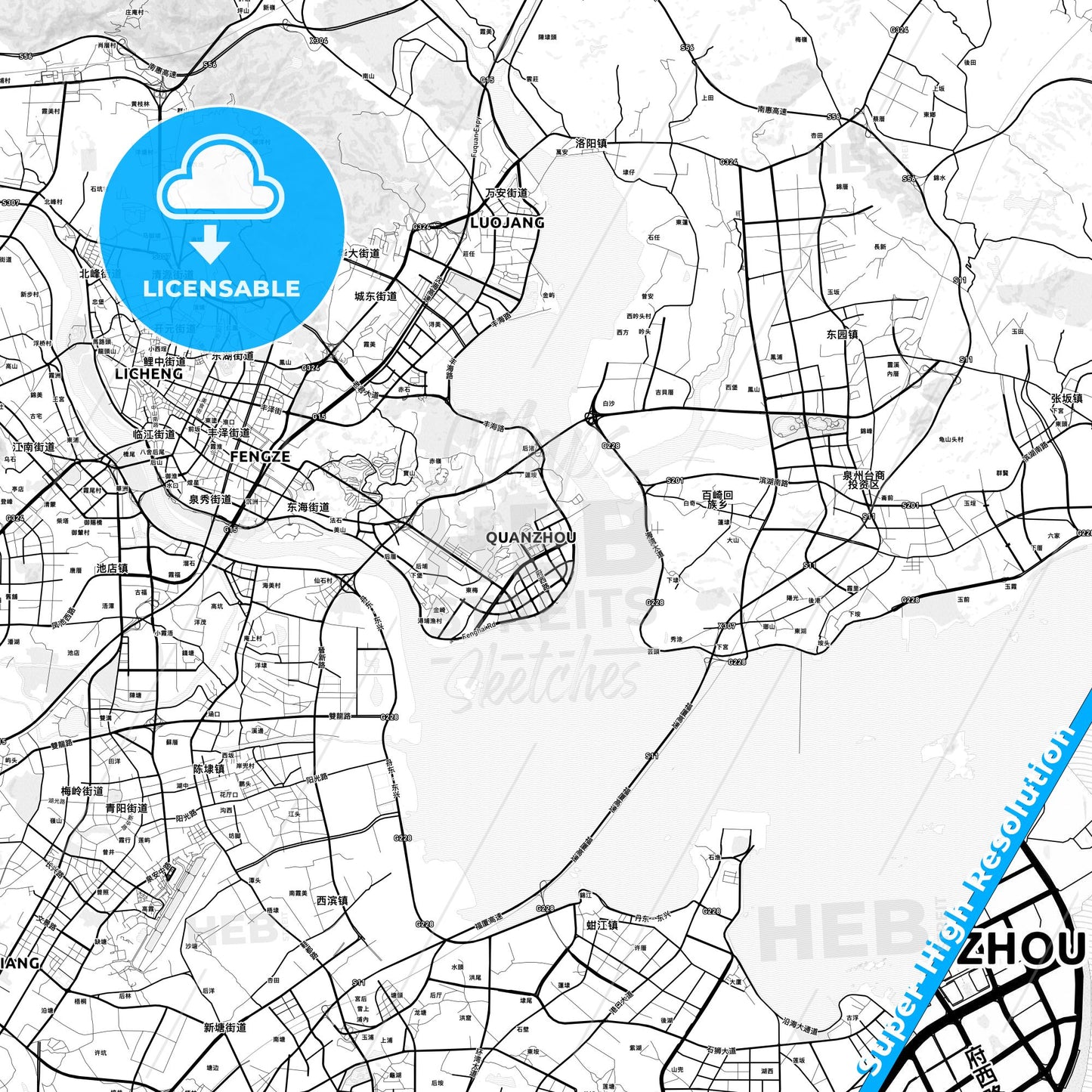 Quanzhou, China light map with streetnames, citynames and districts