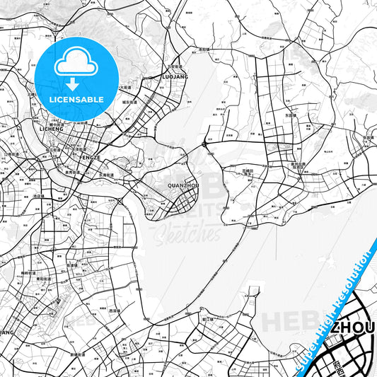 Quanzhou, China light map with streetnames, citynames and districts