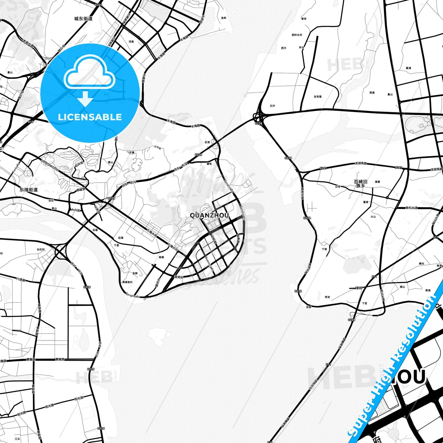 Quanzhou, China Light Map with Street Names, City Names, and Districts