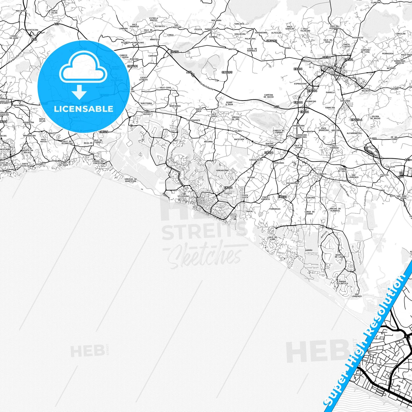 Quarteira, Portugal light map with streetnames, citynames and districts