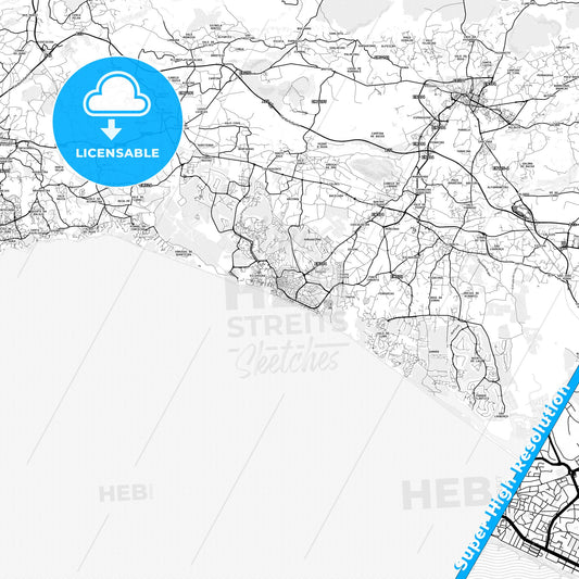 Quarteira, Portugal light map with streetnames, citynames and districts