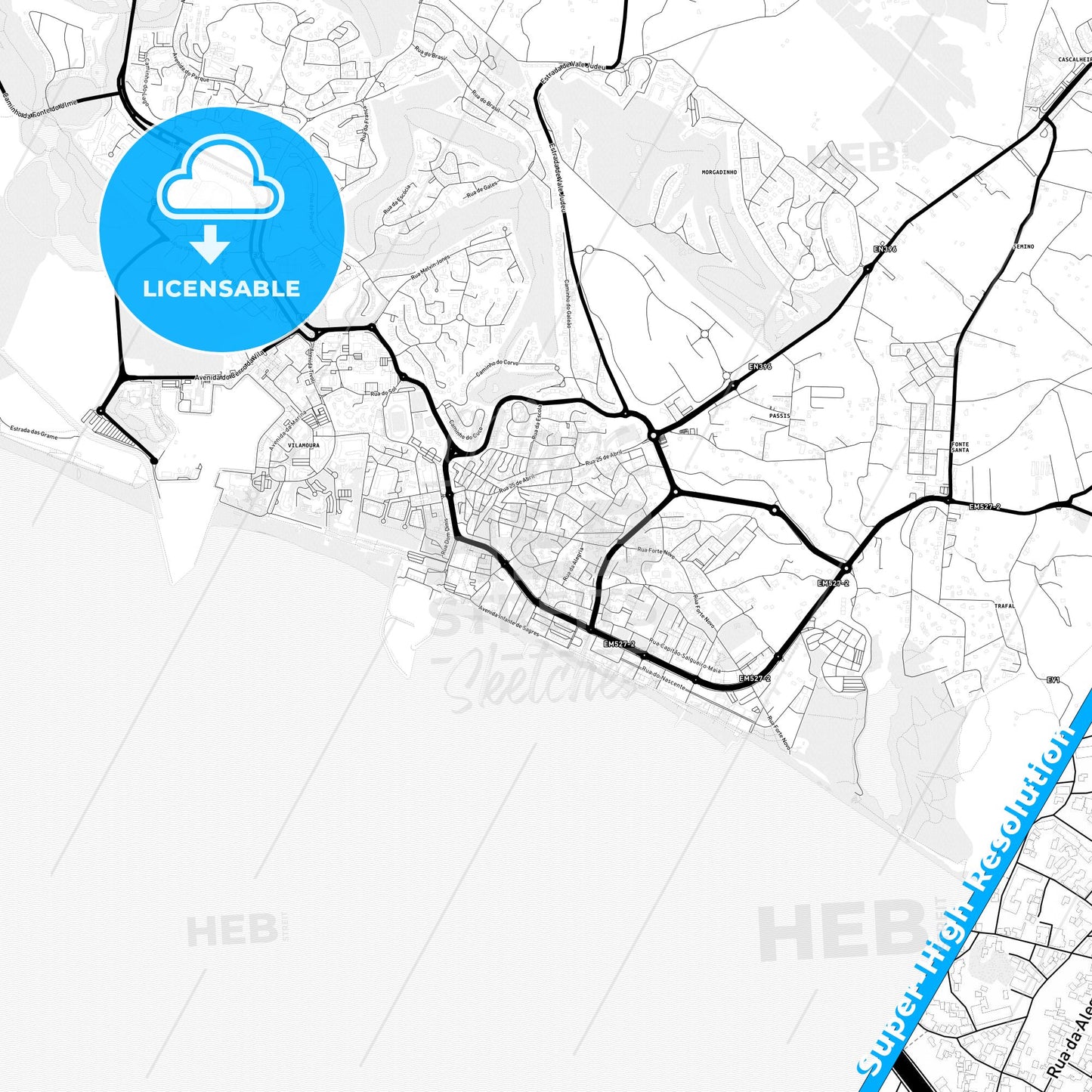 Quarteira, Portugal Light Map with Street Names, City Names, and Districts