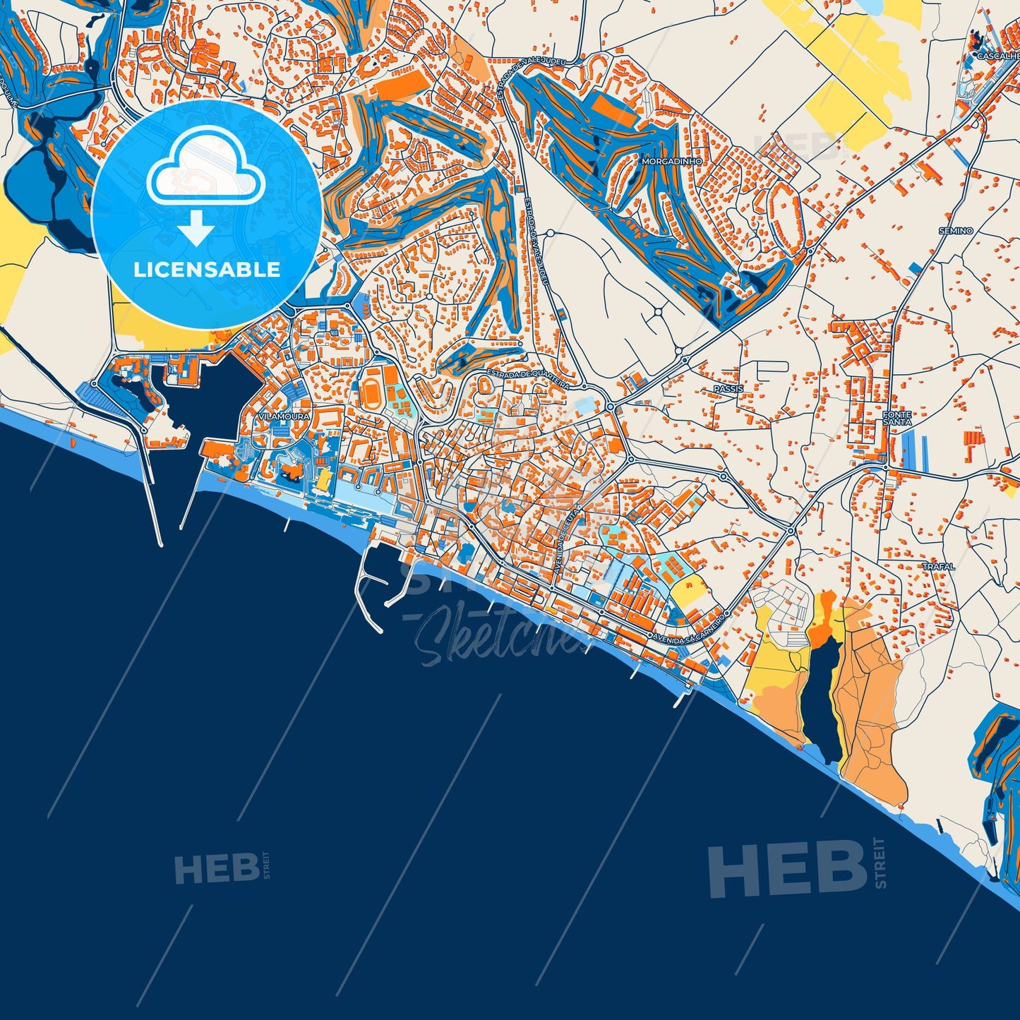 Colorful Quarteira Street Map with Labels and Buildings