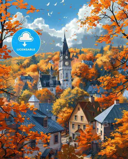 Vibrant Clock Tower Landscape Painting: Quebec, Canada Town Surrounded by Trees