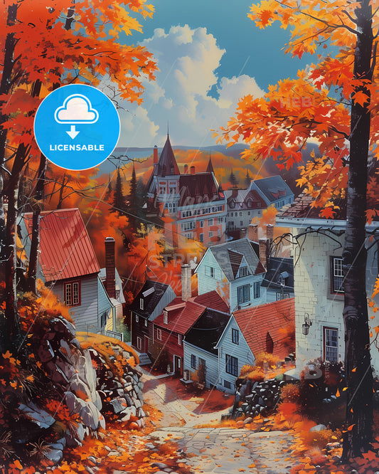 Abstract Digital Art Painting Landscape Autumn Quebec City Canada, Vibrant Orange Foliage, Colorful, Impressionist Style