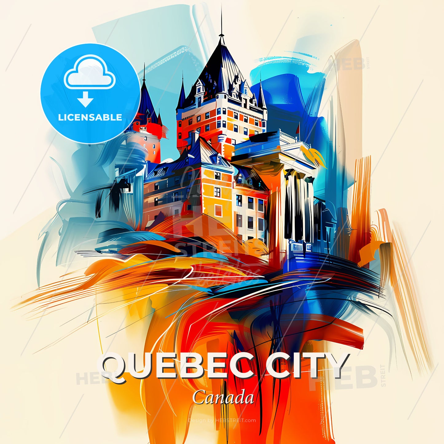 Vibrant Quebec City, Canada - A Colorful Painting Of A Castle - Square format print template