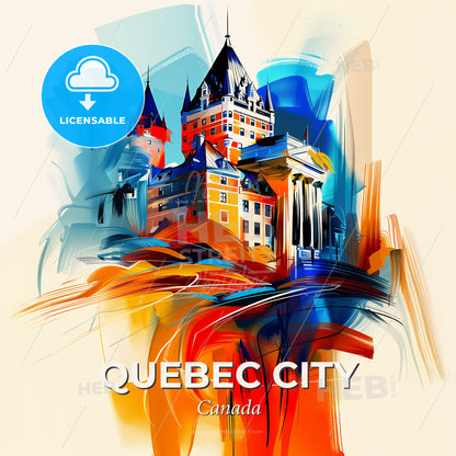 Vibrant Quebec City, Canada - A Colorful Painting Of A Castle - Square format print template