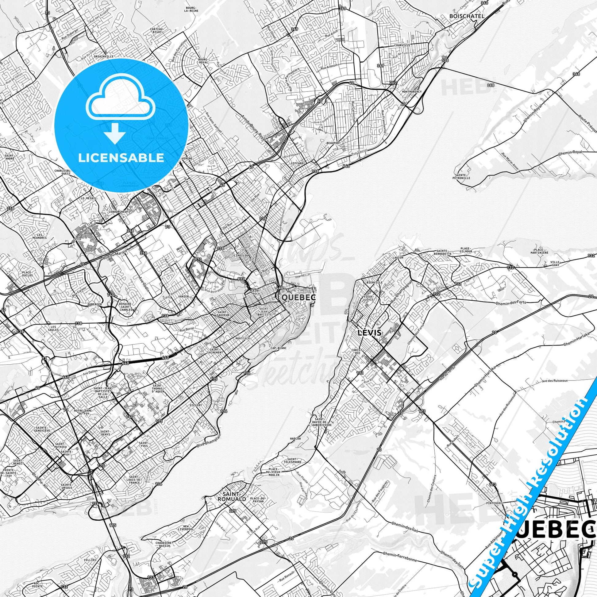 Quebec City, Canada light map with streetnames, citynames and districts