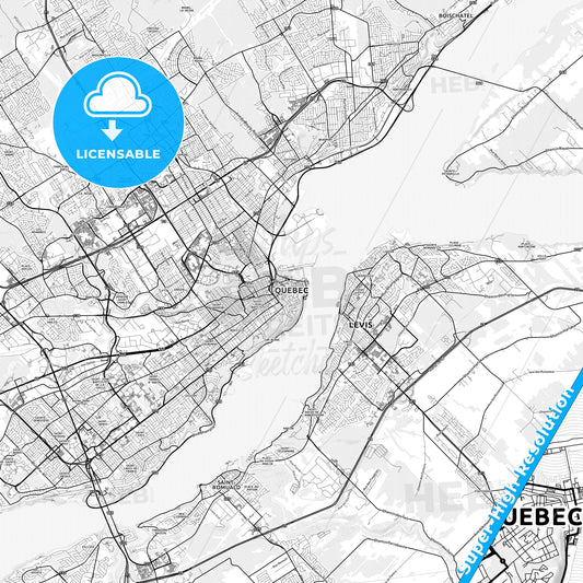 Quebec City, Canada light map with streetnames, citynames and districts