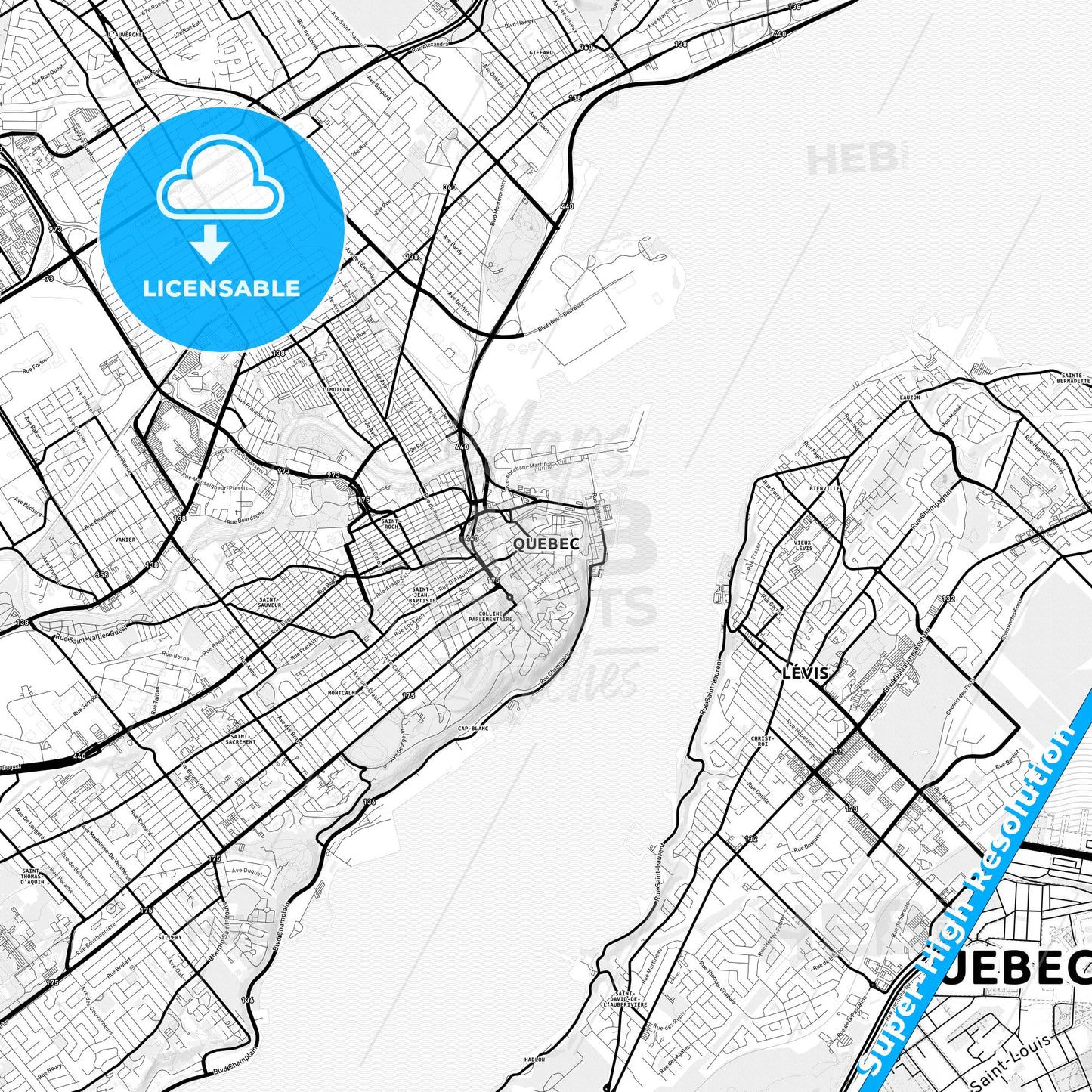 Quebec City, Canada Light Map with Street Names, City Names, and Districts