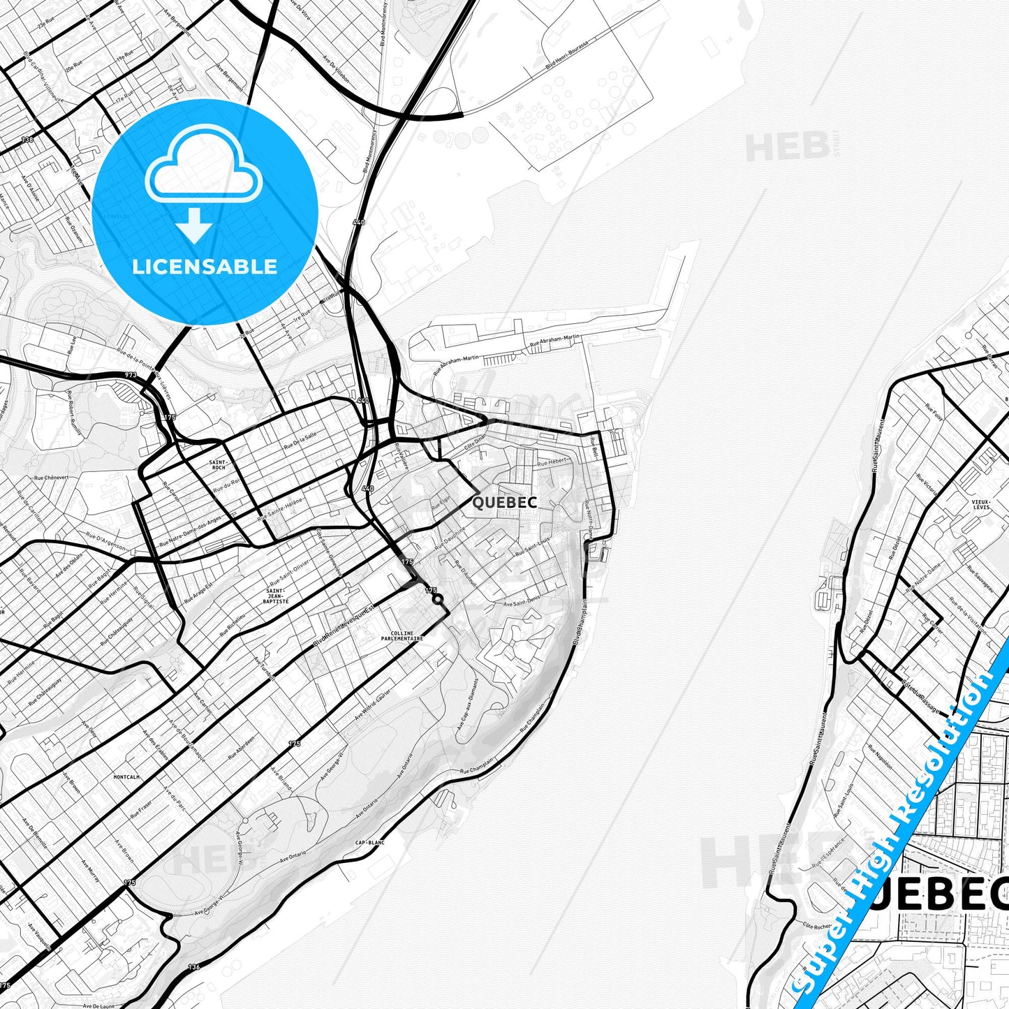 Quebec City, Canada Light Map with Street Names, City Names, and Districts