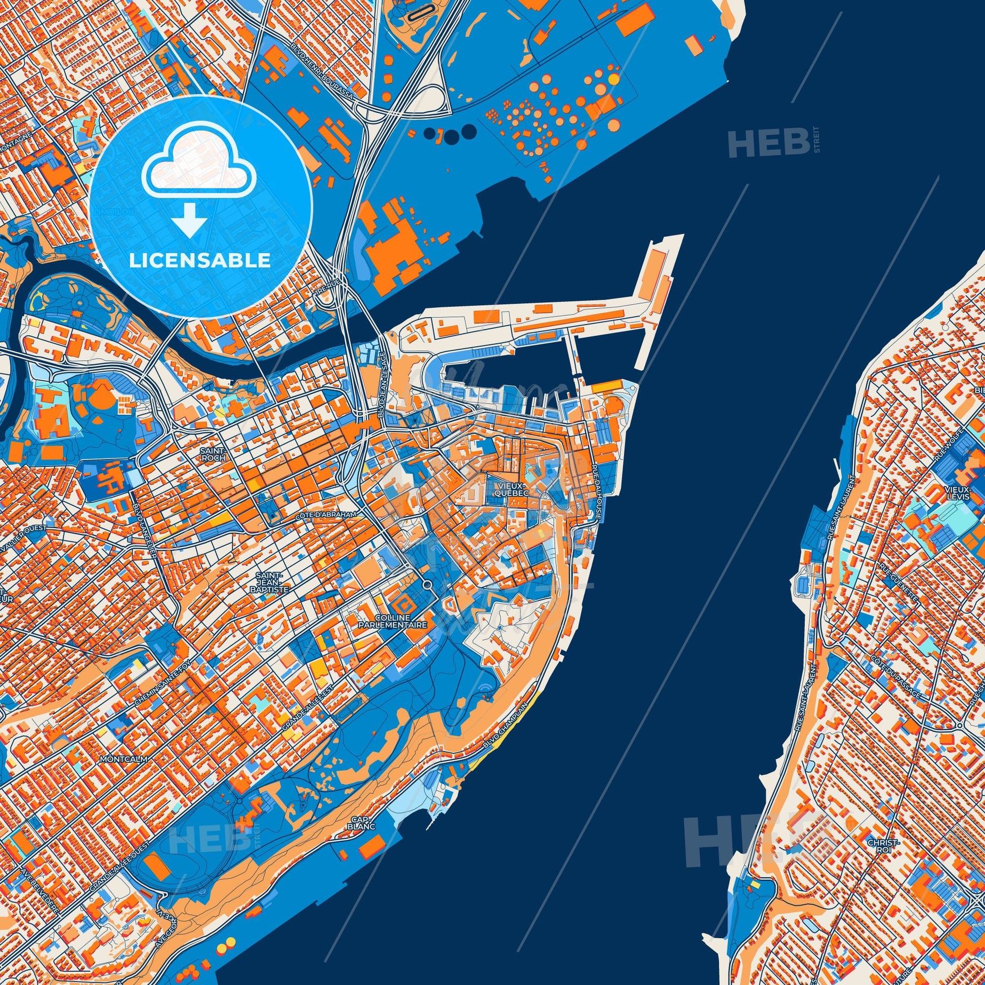 Colorful Quebec City Street Map with Labels and Buildings