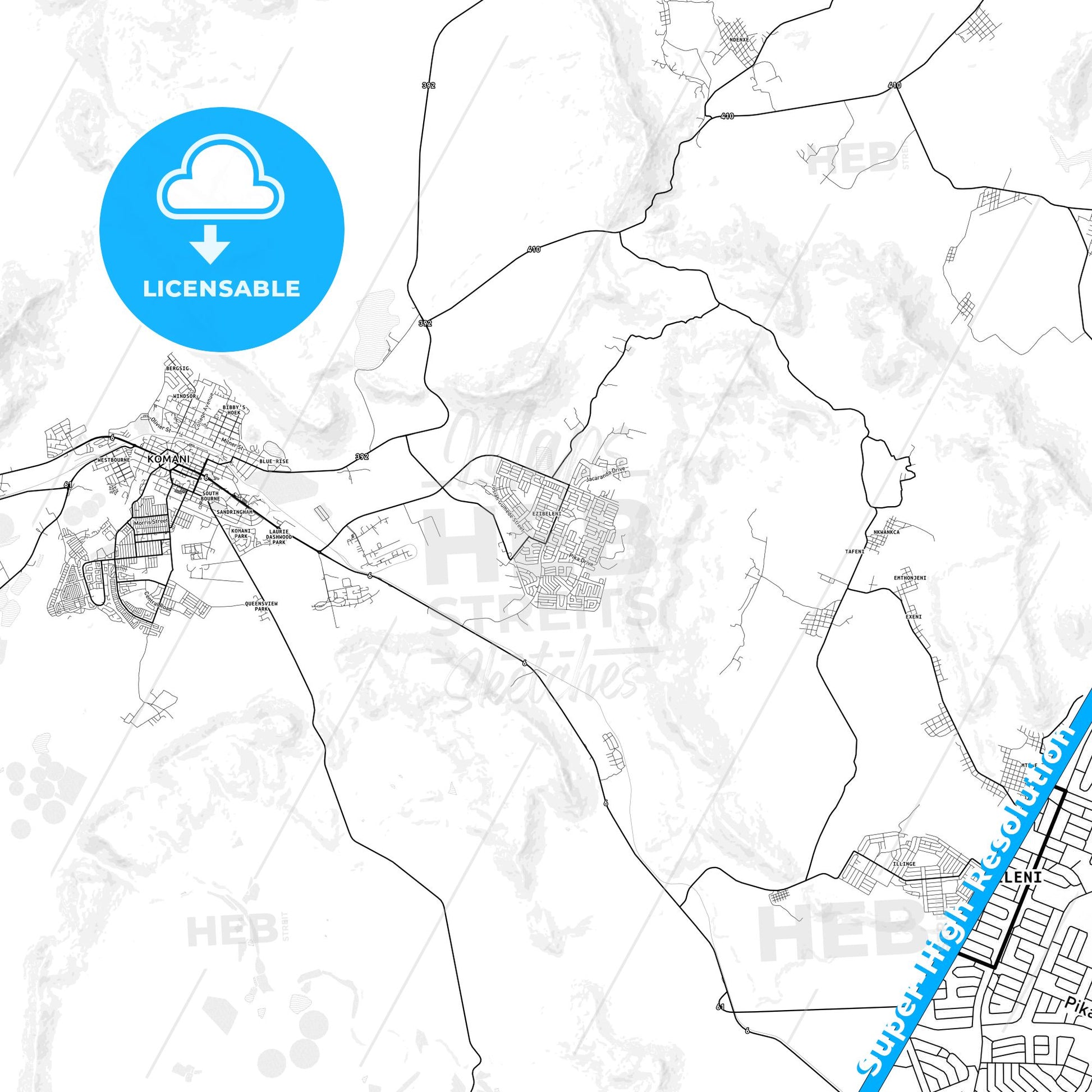 Queenstown, South Africa light map with streetnames, citynames and districts