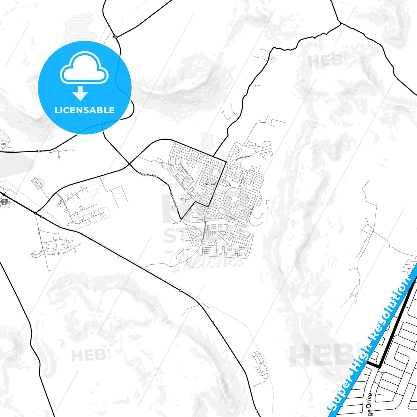 Queenstown, South Africa Light Map with Street Names, City Names, and Districts