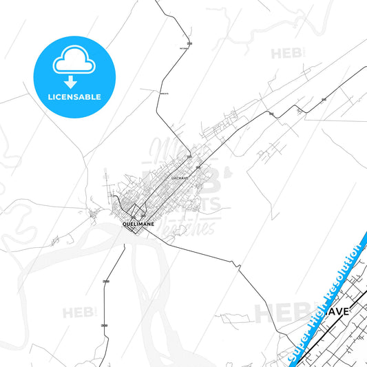 Quelimane, Mozambique light map with streetnames, citynames and districts
