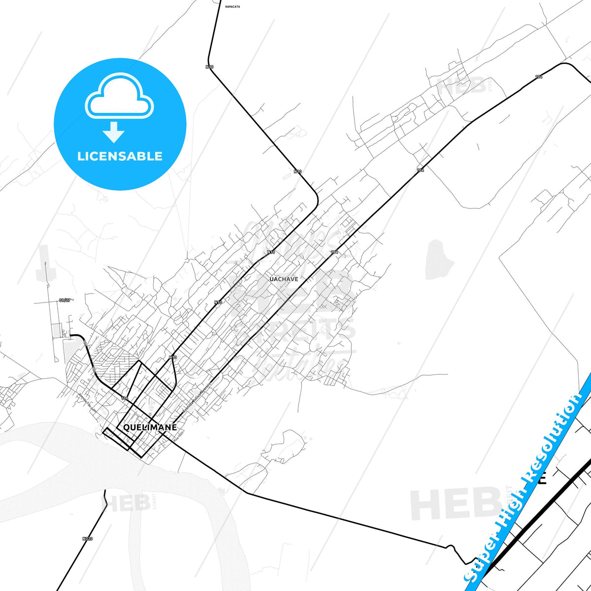Quelimane, Mozambique Light Map with Street Names, City Names, and Districts