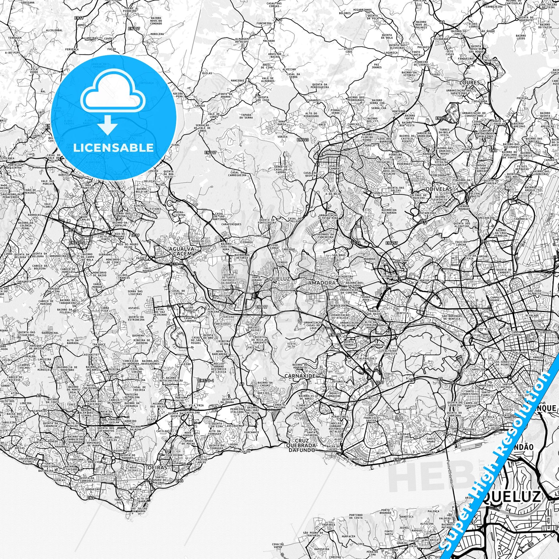 Queluz, Portugal light map with streetnames, citynames and districts
