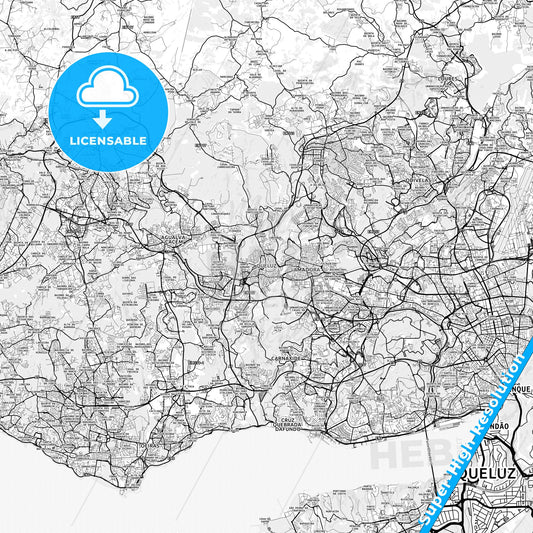 Queluz, Portugal light map with streetnames, citynames and districts