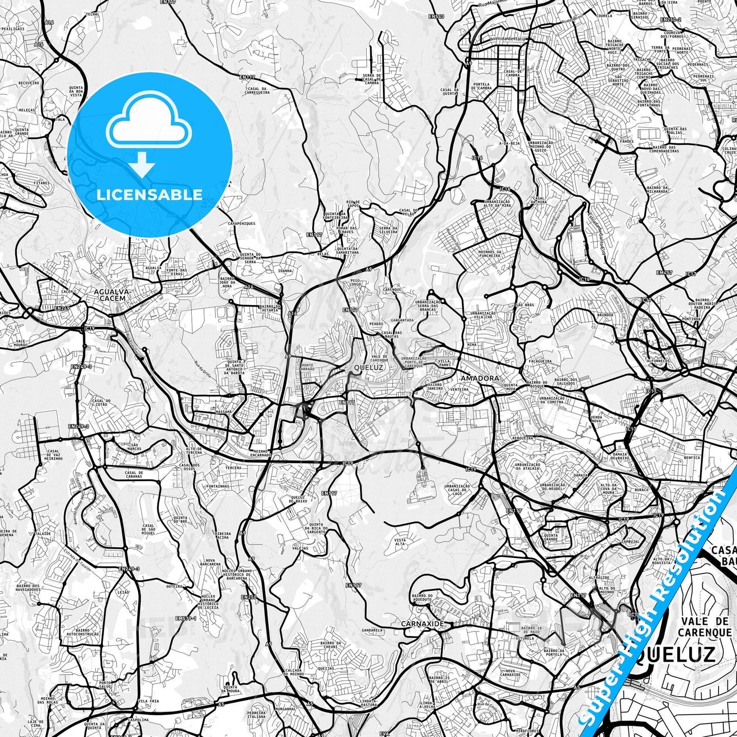 Queluz, Portugal Light Map with Street Names, City Names, and Districts