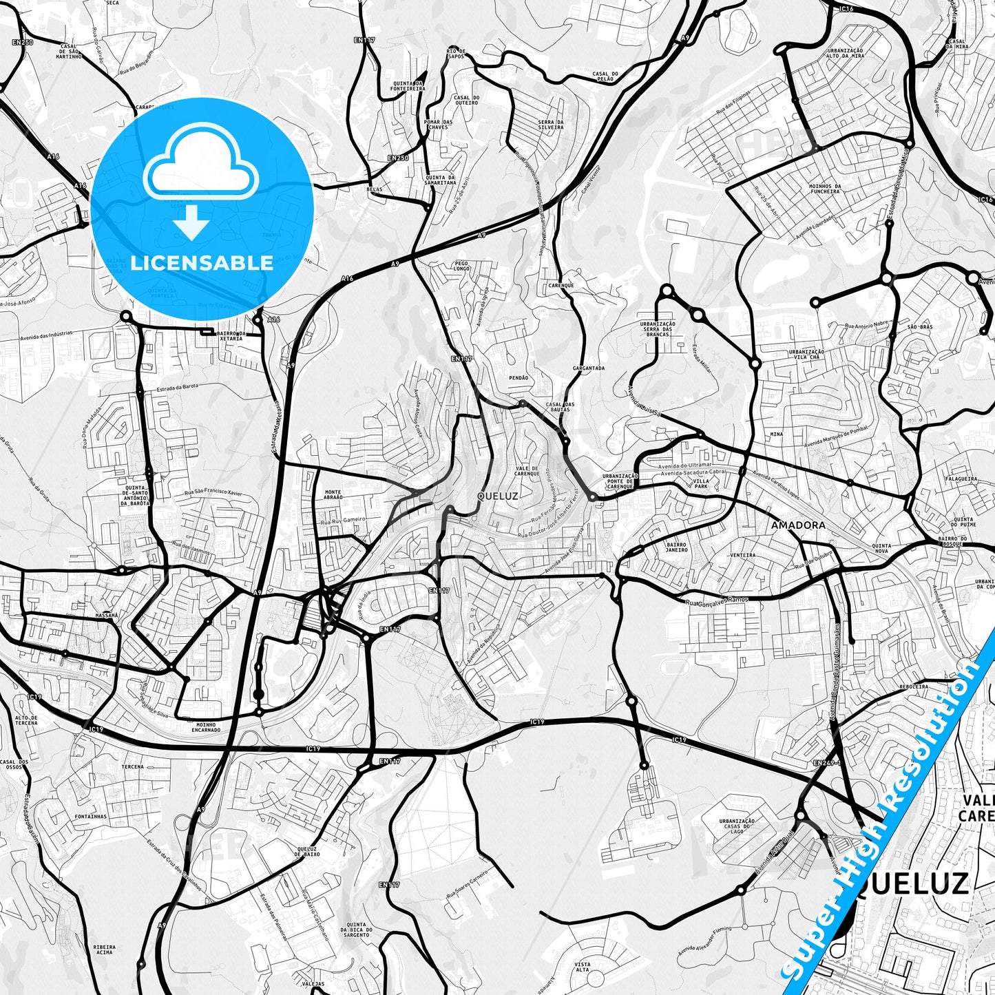 Queluz, Portugal Light Map with Street Names, City Names, and Districts
