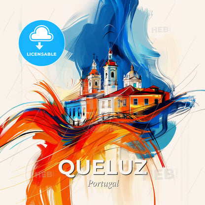 Vibrant Queluz, Portugal - A Painting Of A Building With A Colorful Background - Square format print template