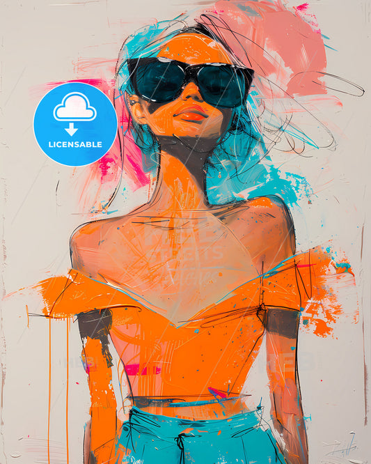 Blake style, colorful masterpiece: Full length image of a stylish woman wearing sunglasses and a mini dress, whimsical, joyous, surreal expressionist art, emerging artist, contemporary, modern