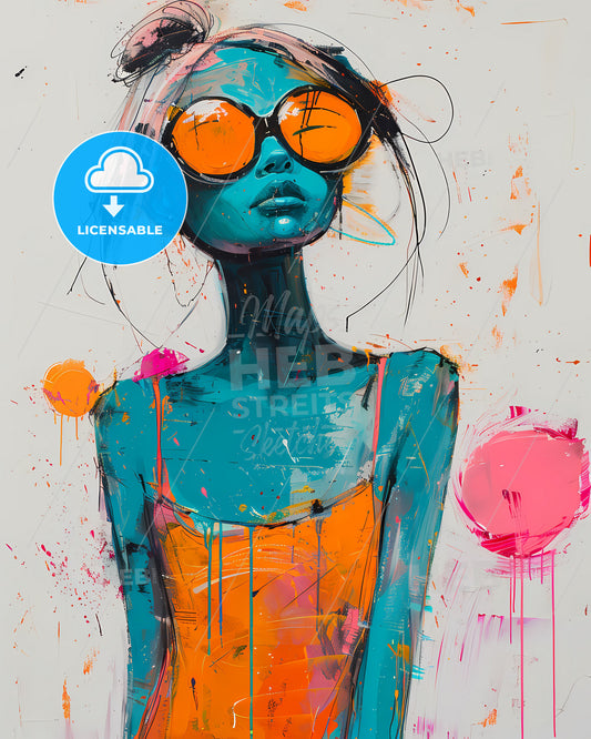Abstract Expressionist Painting: Joyful Woman in Sunglasses with Vibrant Hues