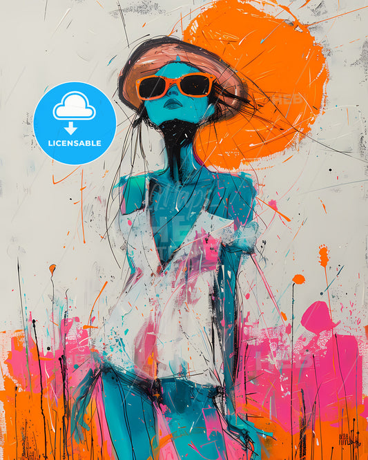 Whimsical Expressionist Masterpiece: Vibrant Painting of Woman in Sunglasses and Dress, Featuring Orange Highlights and Pastel Hues