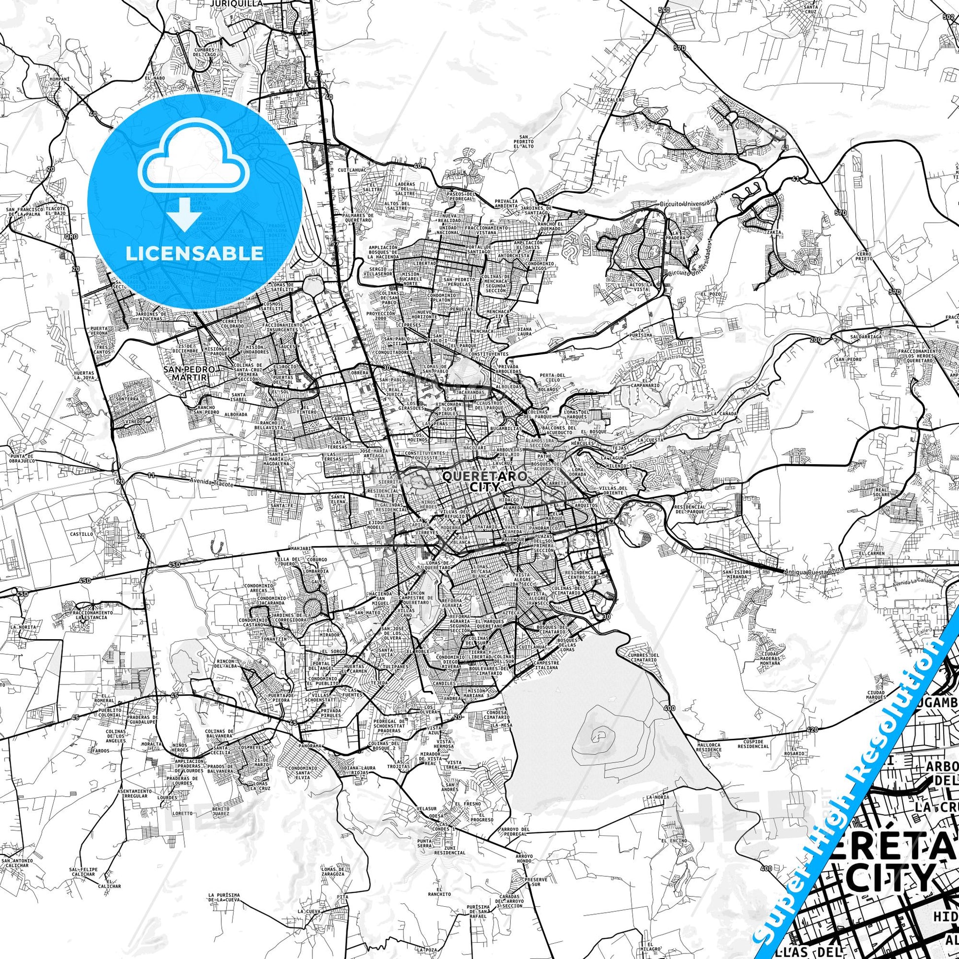 Querétaro, Mexico light map with streetnames, citynames and districts