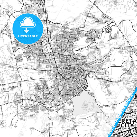 Querétaro, Mexico light map with streetnames, citynames and districts