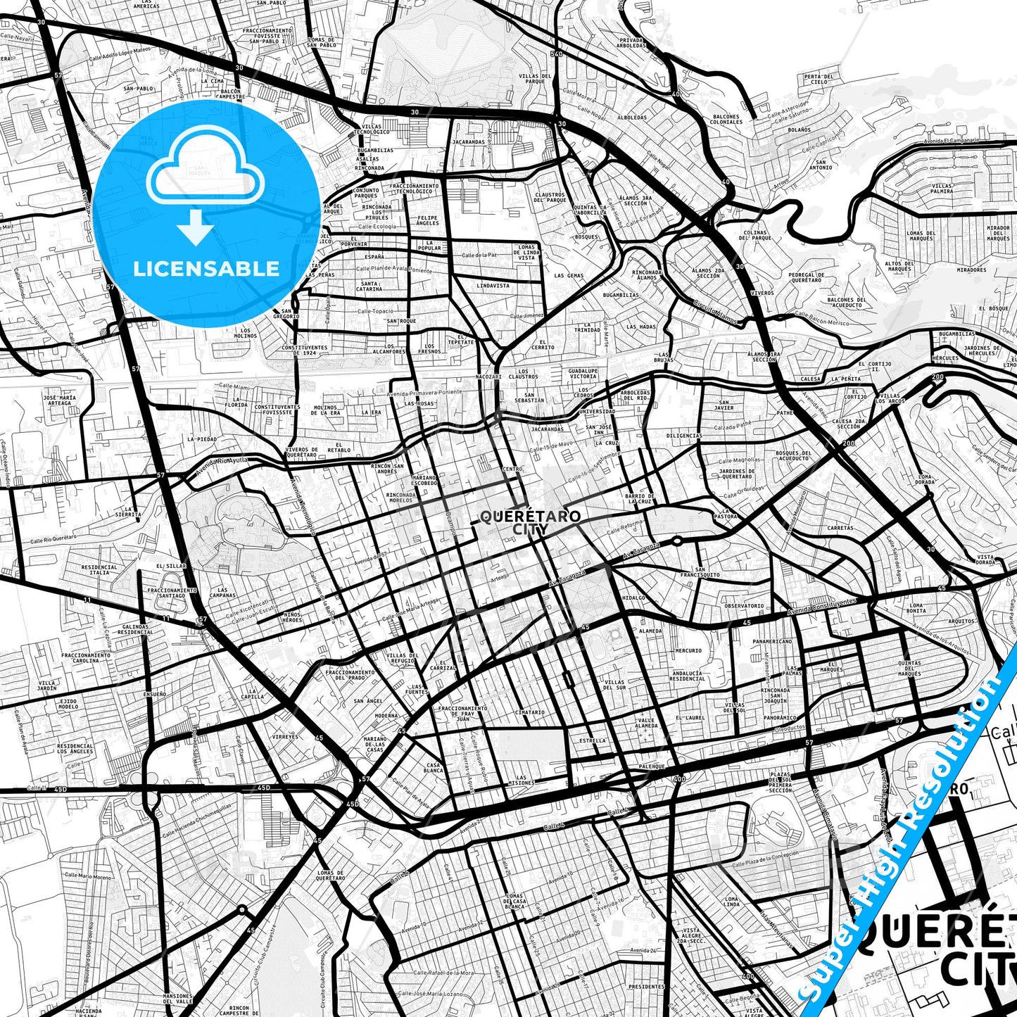 Querétaro, Mexico Light Map with Street Names, City Names, and Districts