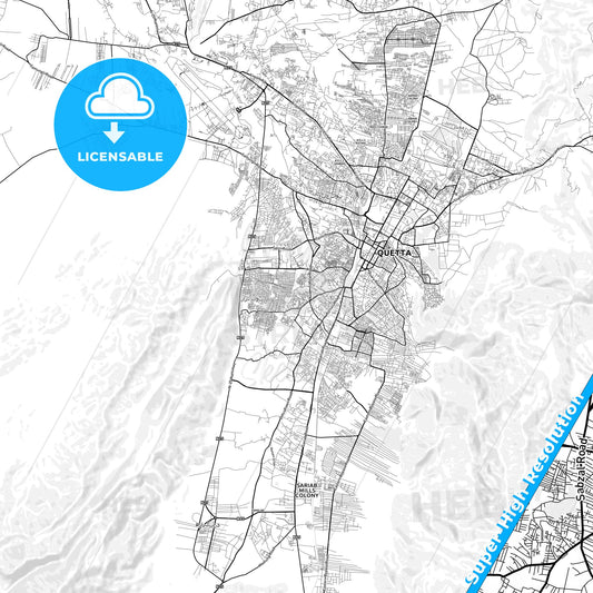 Quetta, Pakistan light map with streetnames, citynames and districts