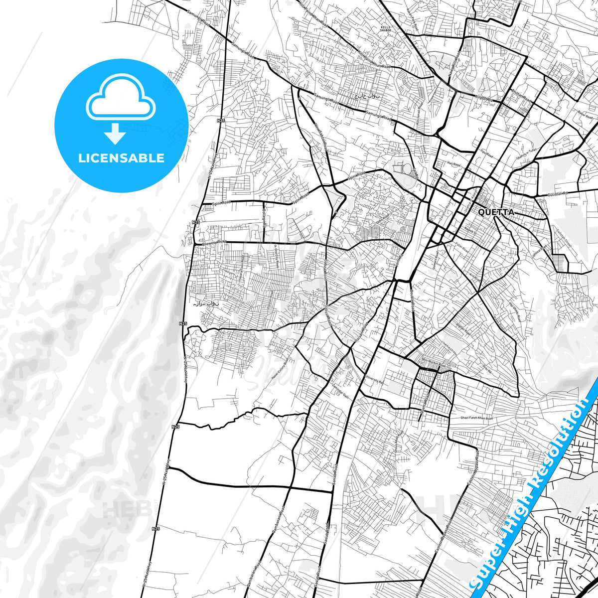 Quetta, Pakistan Light Map with Street Names, City Names, and Districts