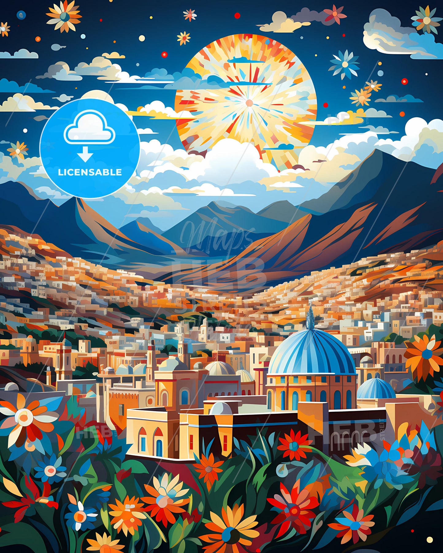 Quetta Skyline Vibrant Art: Landscape of Buildings, Mountains, and Flowers