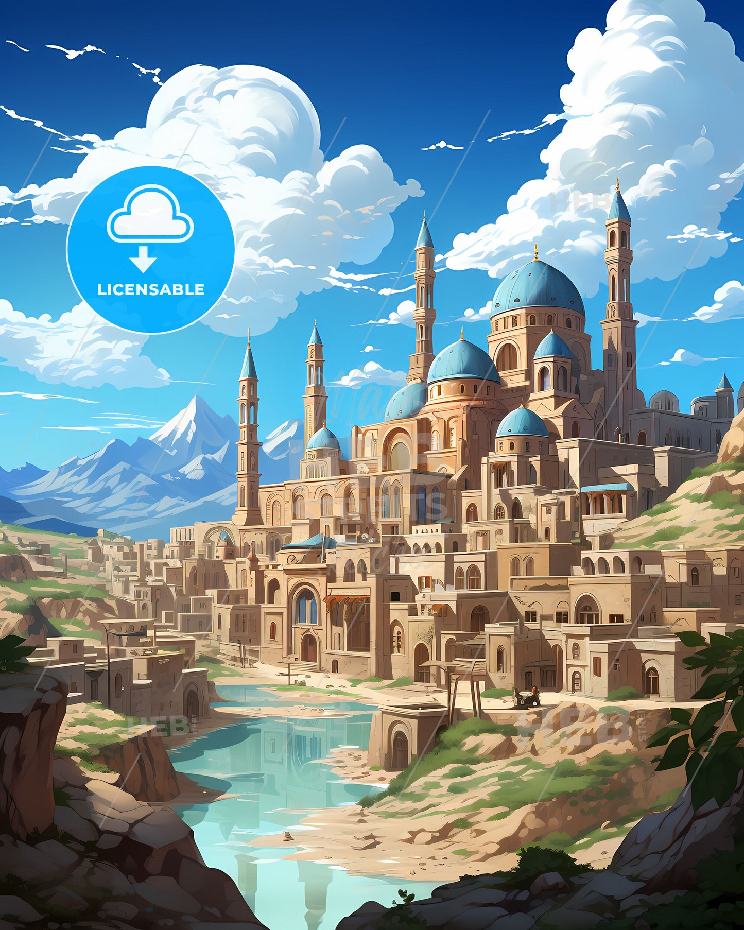 Quetta Pakistan Skyline Cartoonish Castle Painting Art Illustration