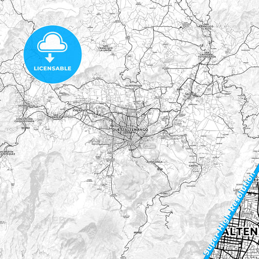 Quetzaltenango, Guatemala light map with streetnames, citynames and districts