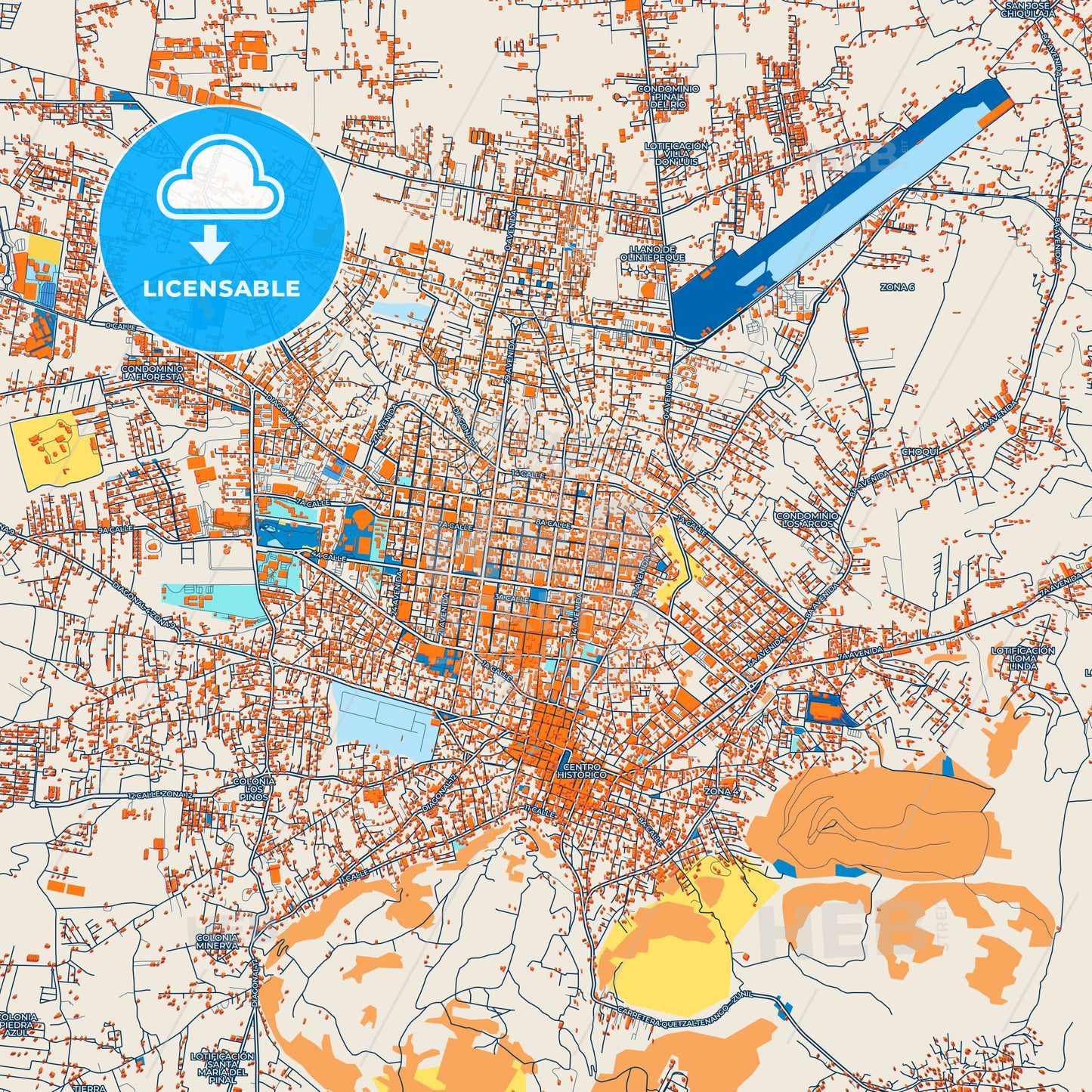 Colorful Quetzaltenango Street Map with Labels and Buildings