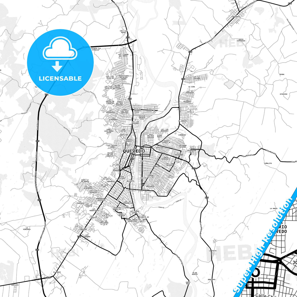 Quevedo, Ecuador Light Map with Street Names, City Names, and Districts