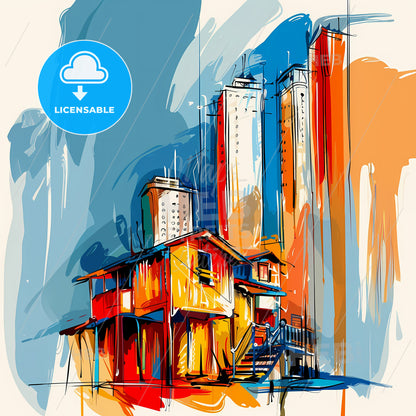 Vibrant Quezon City, Philippines - A Painting Of Buildings And Tall Buildings