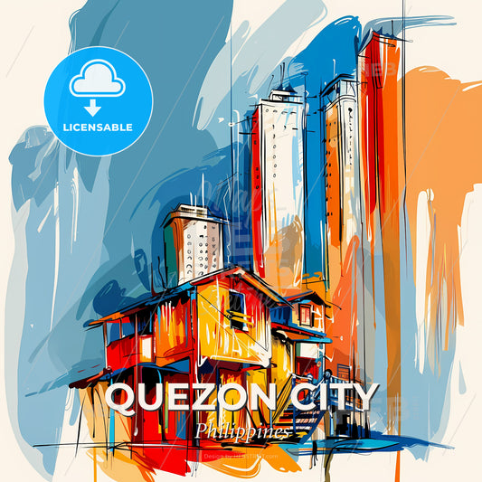 Vibrant Quezon City, Philippines - A Painting Of Buildings And Tall Buildings - Square format print template