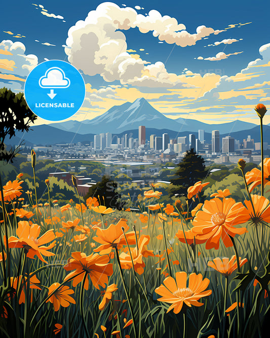 Vibrant Abstract Cityscape Artwork Depicting Orange Flower Field and Philippine City Skyline