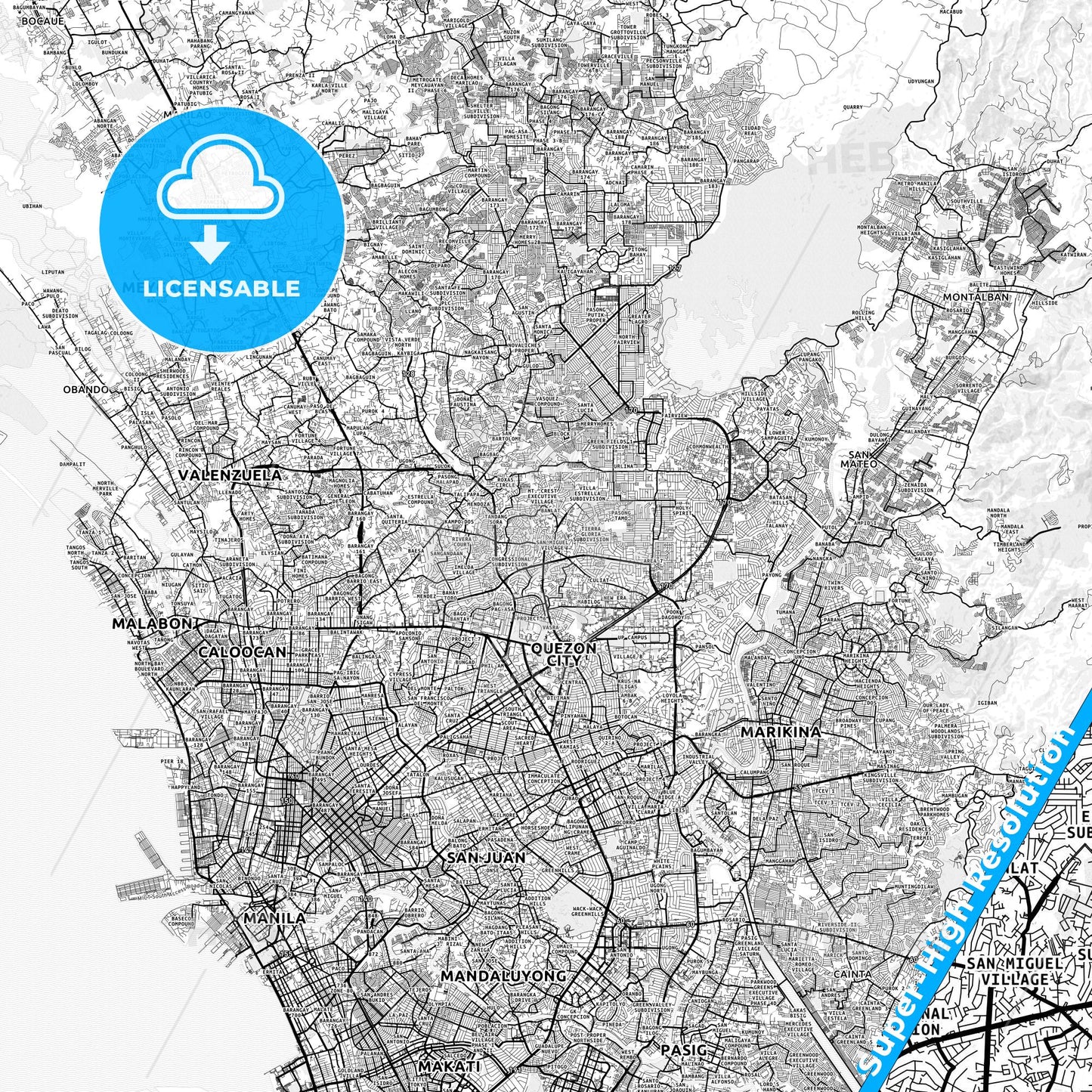 Quezon City, Philippines light map with streetnames, citynames and districts