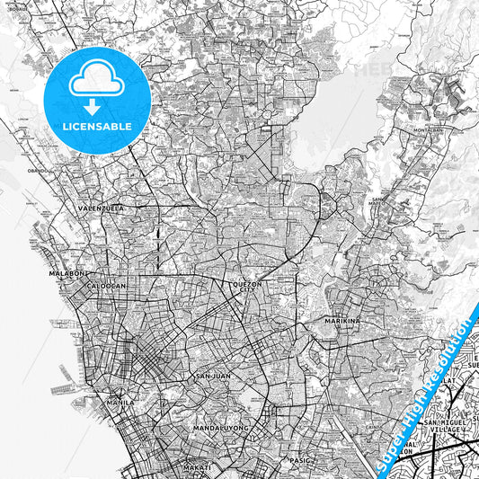Quezon City, Philippines light map with streetnames, citynames and districts