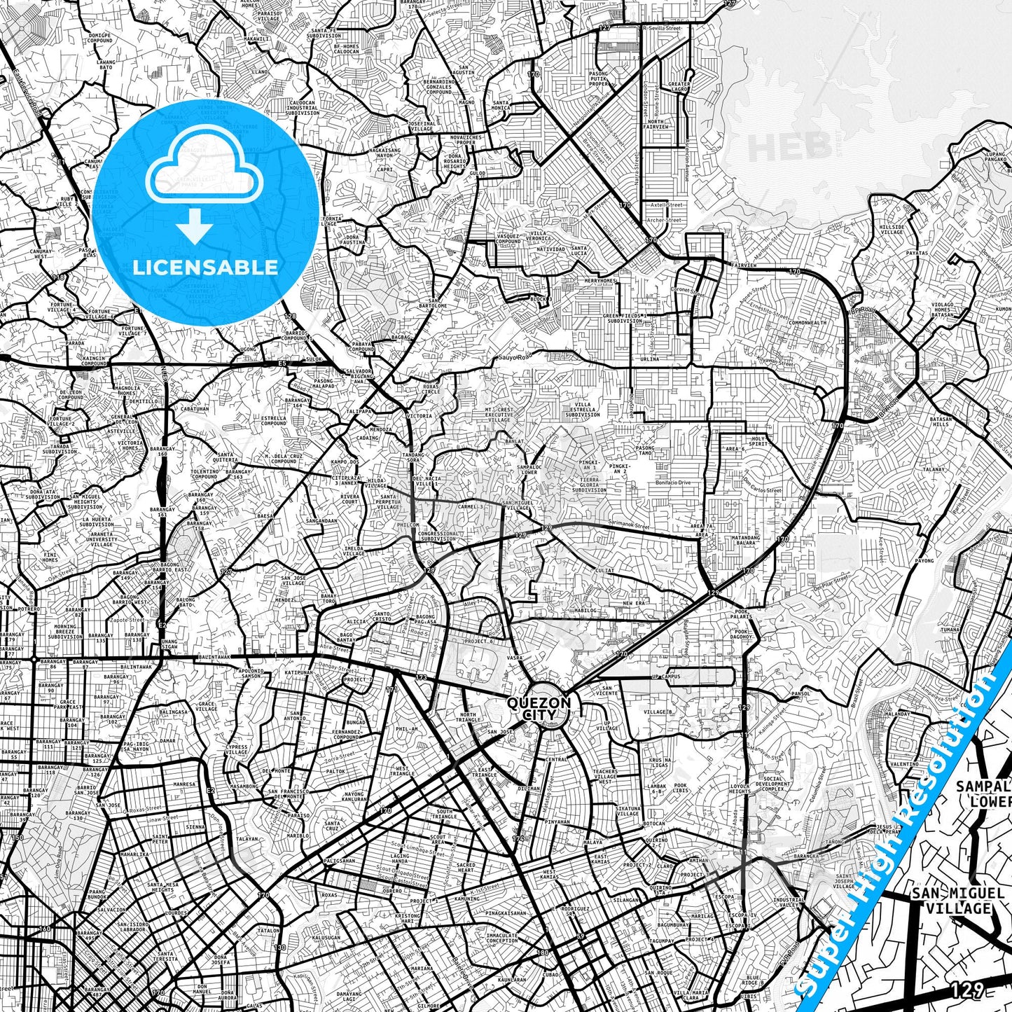 Quezon City, Philippines Light Map with Street Names, City Names, and Districts