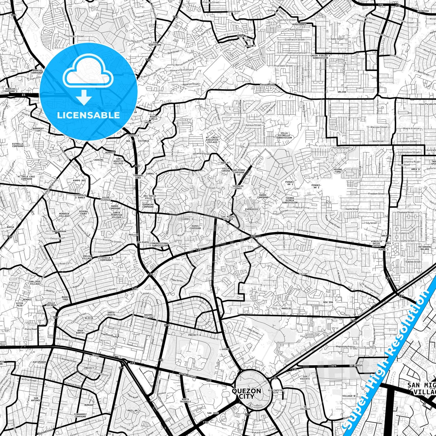 Quezon City, Philippines Light Map with Street Names, City Names, and Districts