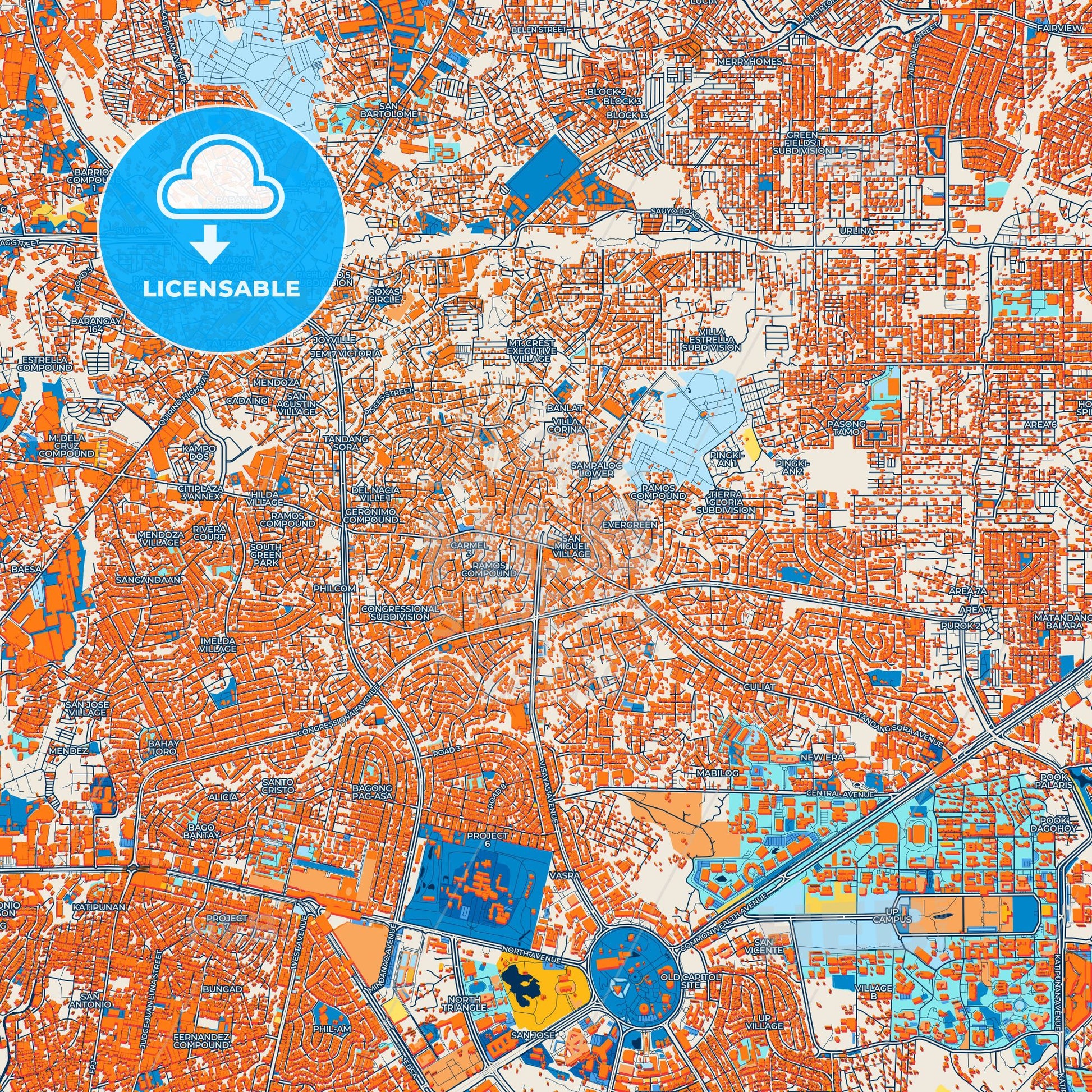 Colorful Quezon City Street Map with Labels and Buildings