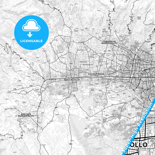 Quillacollo, Bolivia light map with streetnames, citynames and districts